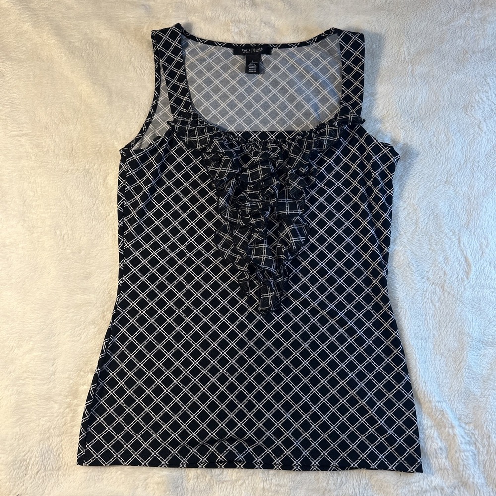 White House Black Market Top Womens S Black‎ White Tank Ruffle cute